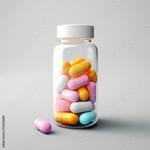 Single Pill Bottle with Colorful Pastel Pills Isolated on Solid Background