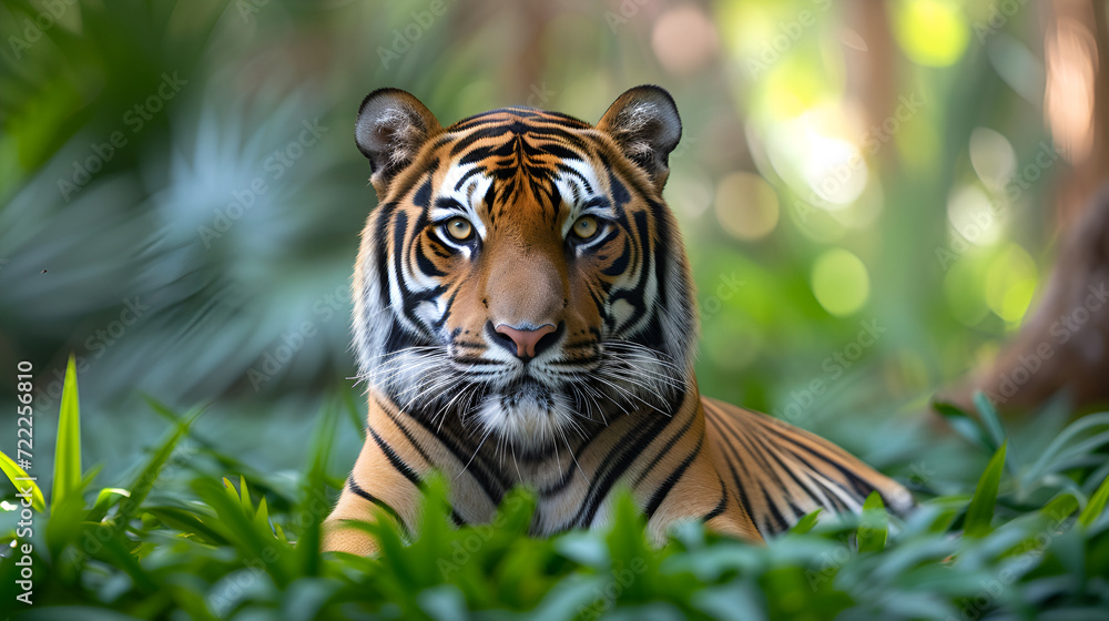 beautiful Bengal tiger with lush green habitat background, generative ai