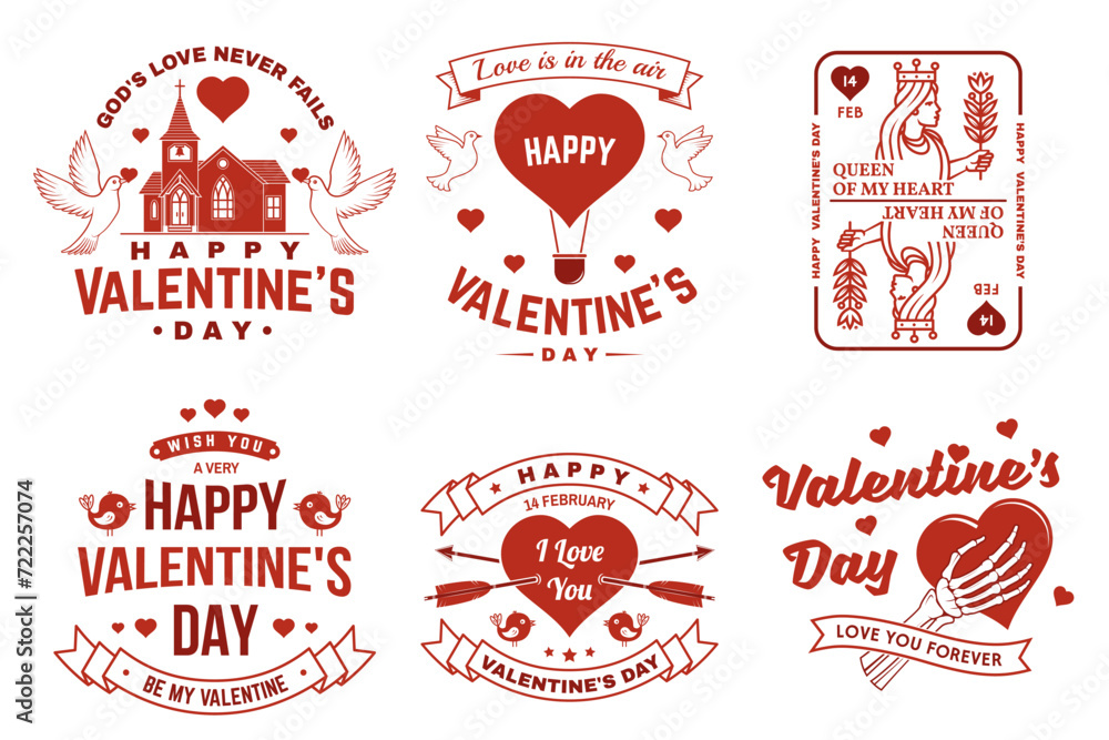 Set of vintage happy valentines day badge. Vector illustration. Template for Valentines Day greeting card, banner, poster, flyer with red church, doves, playing card queen, skeleton hand holding a