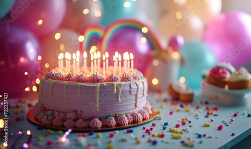 pink birthday cake with candles, birthday party for children, children having fun, colorful cake, rainbow, multicolored baloons and sparkles, chocolate, sugar and candies, sweet, Generative AI