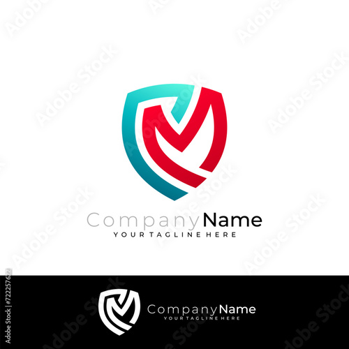 Shield logo with line style, C and M logo combination, simple