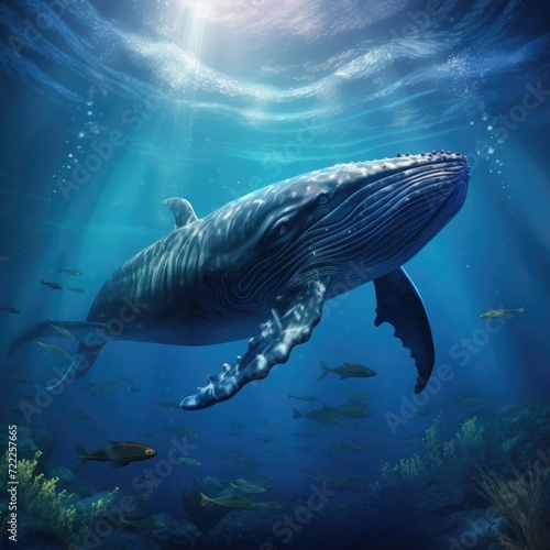 Stunning illustration of big whale underwater, close to water surface.