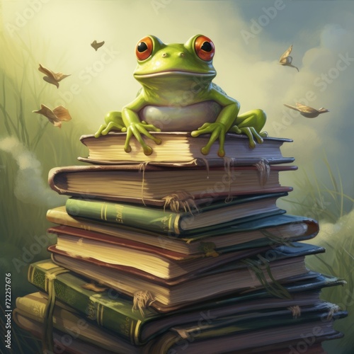 Stunning illustration of green frog, a green frog on a stack of books, illustration with frog true