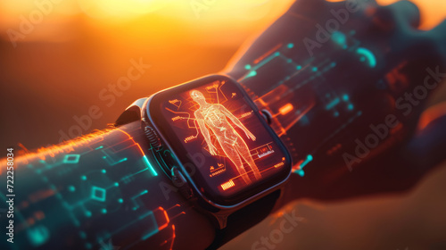 close-up of a person's wrist wearing a smartwatch that displays a futuristic holographic human anatomy diagram #722258034