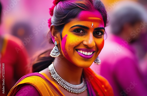 Holi traditions with close-up woman Indian face, capturing the spontaneity and excitement of festivities