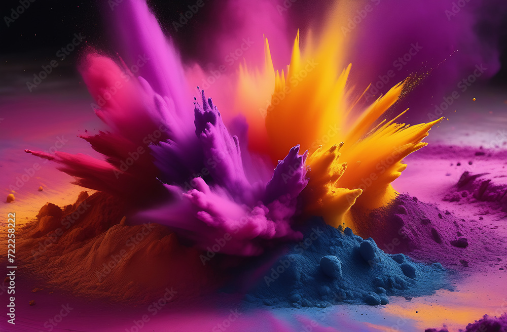 Fototapeta premium Holi color explosions, focusing on dynamic patterns and textures of powdered pigments in action