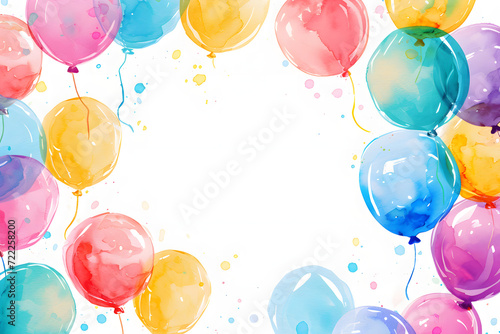 Cute cartoon colorful balloons frame border on background in watercolor style.	 photo