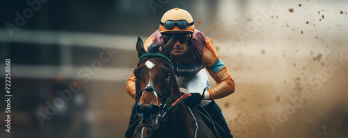 Intense Focus: Jockey and Thoroughbred in Action on a Dusty Racetrack - A Dynamic Equestrian Sport Moment