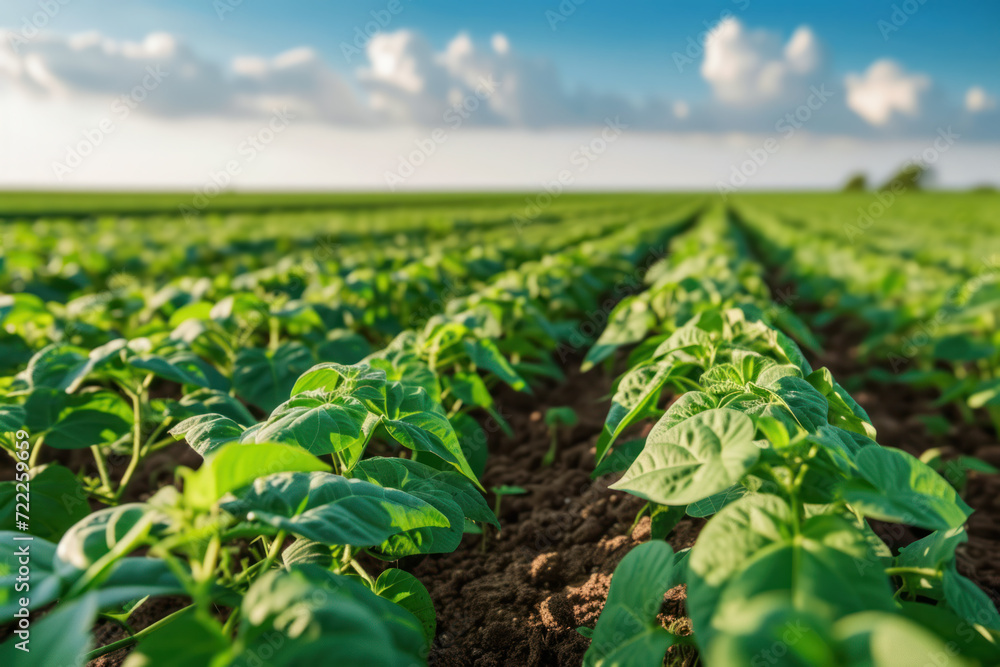A vibrant soybean field stretches towards the horizon under a clear blue sky. A vibrant soybean field stretches towards the horizon under a clear blue sky.