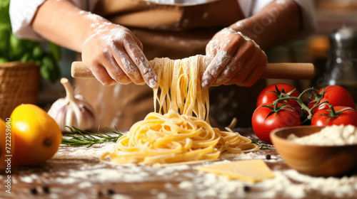 A woman prepares homemade pasta at the table, with fresh tomatoes, garlic and flour lying nearby. photo