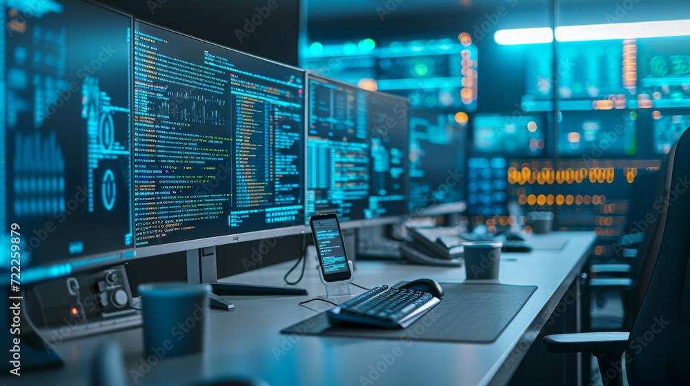 high-tech workstation with multiple computer monitors displaying graphs and analytical data high-tech workstation with multiple computer monitors displaying graphs and analytical data