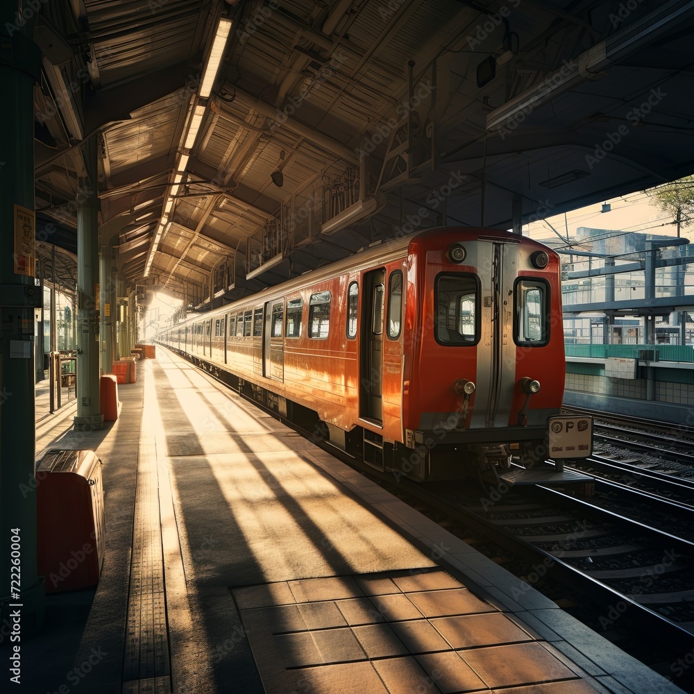 Fototapeta premium retro train in the train station, red train, no people, in door train station, Generative AI illustration