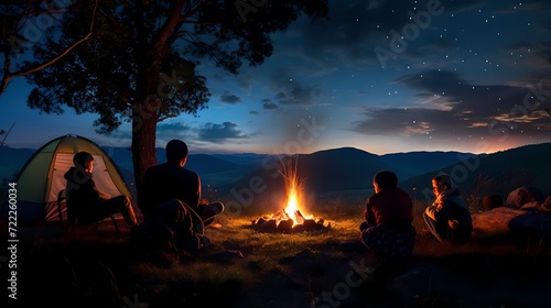 Adventurous family camping trip, capturing the magic of a starry night around a crackling campfire in the great outdoors