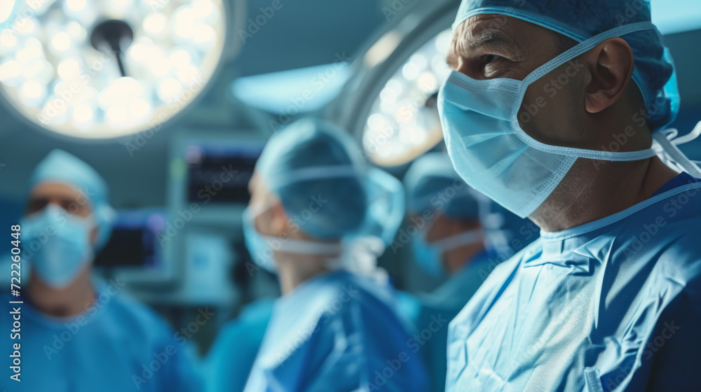 focused male surgeon in blue scrubs and a surgical mask in an operating room focused male surgeon in blue scrubs and a surgical mask in an operating room