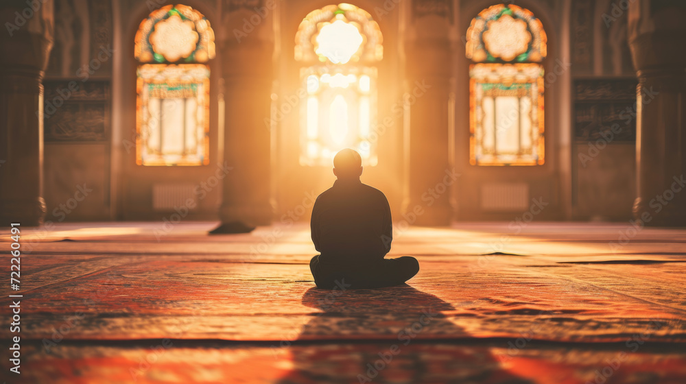 person in a hijab is sitting on the floor of a mosque, illuminated by the warm sunlight filtering through ornate windows - obrazy, fototapety, plakaty 