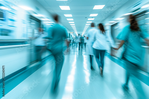 Blurred Image of Doctors Walking in Hospital Hall. Movement of Doctors in a Busy Hospital. Healthcare Concept