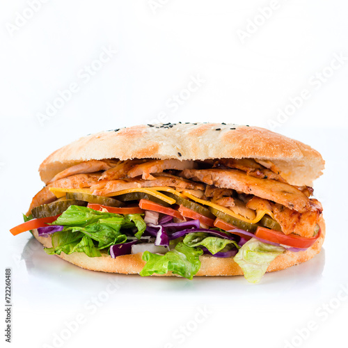Flatbread with stuffing of fresh vegetable salad with tomatoes, chicken, lettuce, cheese, pickled cucumbers, cabbage on white background.