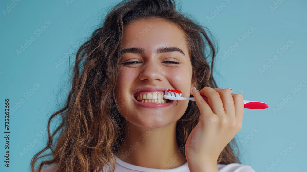A young girl holds a toothbrush near her teeth on a blue background. Oral care concept.