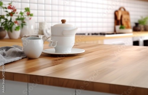 Wooden kitchen tabletop closeup mockup