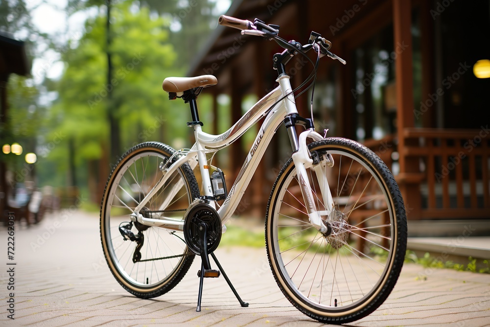 Parked modern bicycle on a paved path with a blurred greenery and cabin background Parked modern bicycle on a paved path with a blurred greenery and cabin background