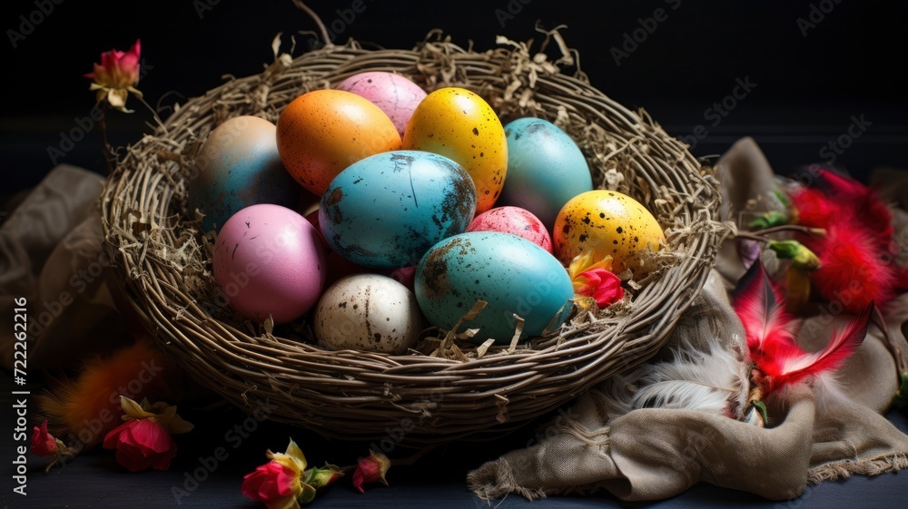 traditional handmade easter eggs in a nest in a wood background traditional handmade easter eggs in a nest in a wood background