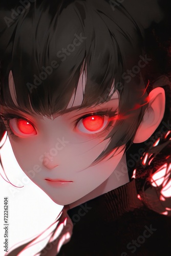 Anime Face with Fiery Red Eyes. A Bold and Intense Expression.