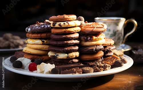 View of tasty cookies food in different layers on a plate