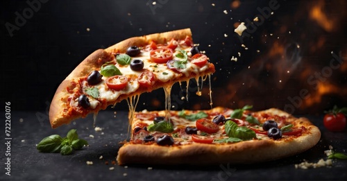 Delicious airborne pizza slice on black backdrop