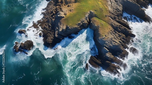 Aerial view of a coastal cliff with waves crashing against the rocks below
