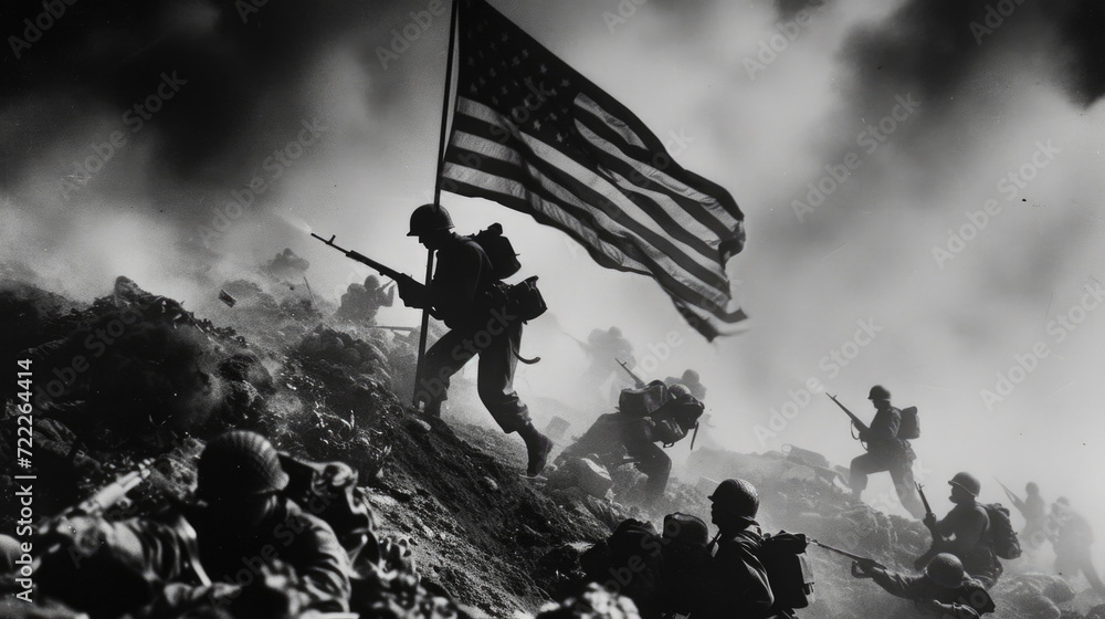 American Soldiers Holding Up American Flag in War, Generative AI