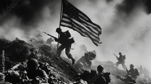 Obraz na płótnie American Soldiers Holding Up American Flag in War, Generative AI w salonie