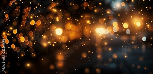 Golden bokeh, raining light, blurry lights, blurry background, gold confettis on a black background, yellow and orange, night lights, city lights, haze, depth of field, round bokeh, Generative AI