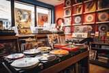 Music store interior with turntables and vinyl records on wooden shelves