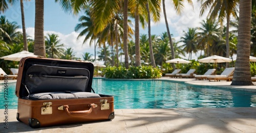 Isolated vacation Suitcase  sunglasses  hotel pillows at palm trees