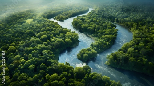 Aerial view of a river winding through a dense forest, creating a peaceful natural scene