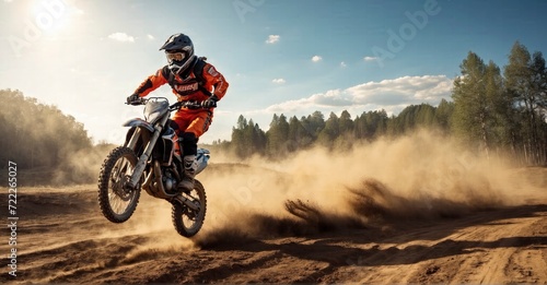 Off-road motocross bike executing a daring mid-air jump with a dirt trail, showcasing an exhilarating motorcycle stunt