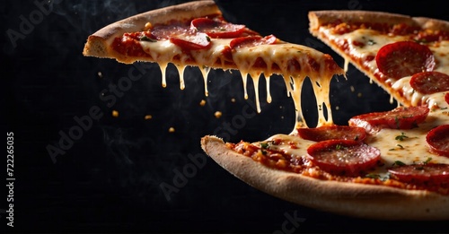 Pizza magic Pepperoni slice flying on black