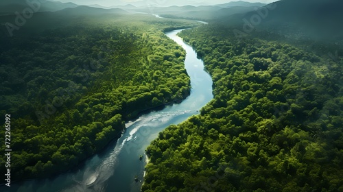 Aerial view of a river winding through a dense forest  creating a peaceful natural scene