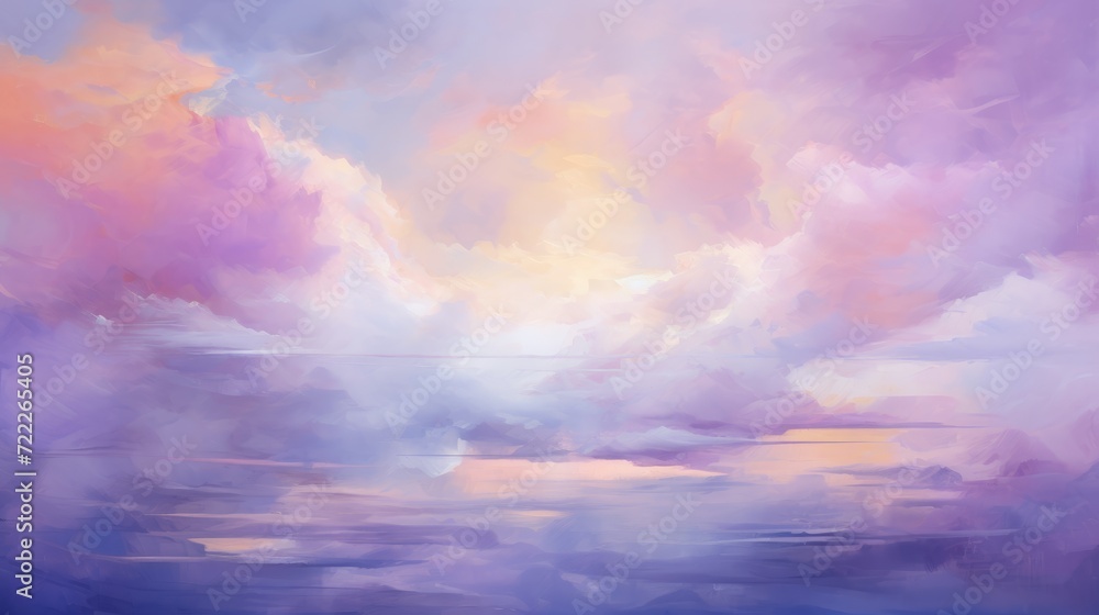A painting featuring a vivid purple sky adorned with fluffy white clouds. Generative AI.