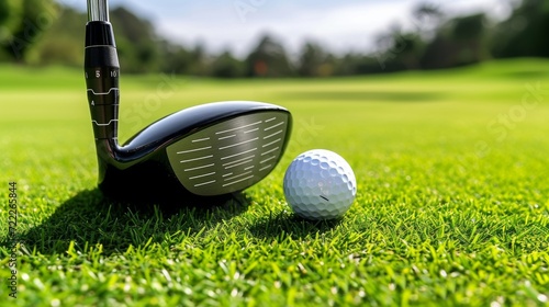 a golf ball and putter on a green grassy surface