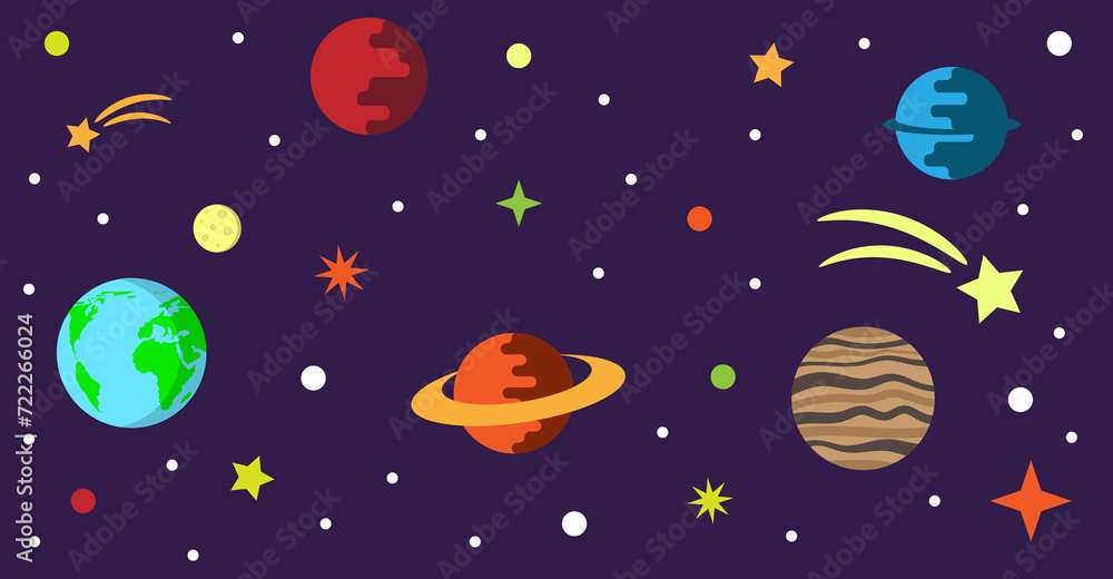 Flat Style Space with Planets and Stars. Science and cosmos exploration concept illustration