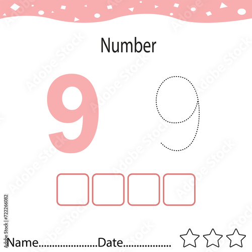 Tracing worksheet number 9 and write the words. Worksheet that is suitable for learning to write number  9
