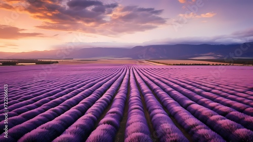Aerial view of a vast lavender field in full bloom  creating a stunning purple landscape