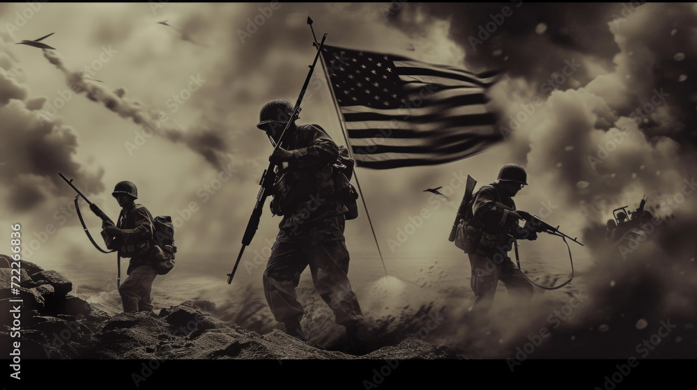 US Army Soldiers with Flag, Historic Freedom Fight, Generative AI