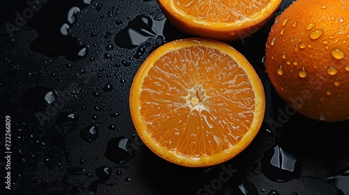 Sliced Orange with Water Droplets on Black Background
