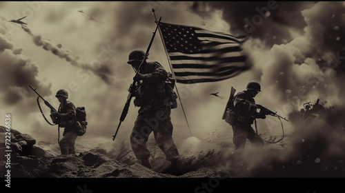 Obraz na płótnie US Army Soldiers with Flag, Historic Freedom Fight, Generative AI w salonie