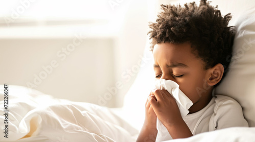 young boy blowing his nose into a tissue photo