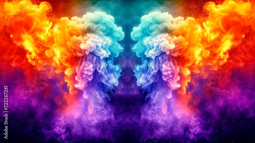 Extremely Vibrant Luminous Colored Smoke and Steam Clouds in Symmetrical Arrangement