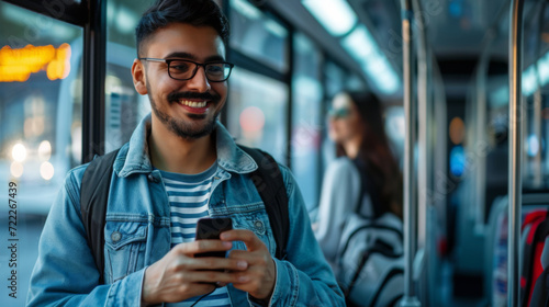 young man with glasses and curly hair is smiling while looking at his smartphone on a public bus, with blurred city lights and other passengers in the background
