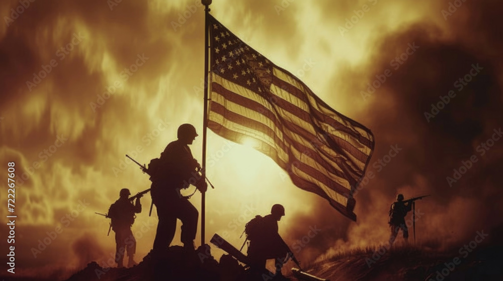 American Soldiers Holding Up American Flag in War, Generative AI